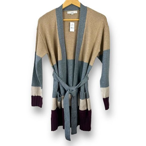 Loft Womens M Longline Belted Cardigan Sweater Neutral Chunky Colorblock Stripe - Picture 1 of 10